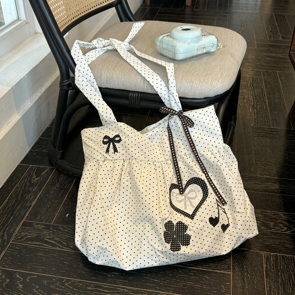 Tote Bag Large Capacity With Polka Dot Heart Print For Commuting And Everyday Use