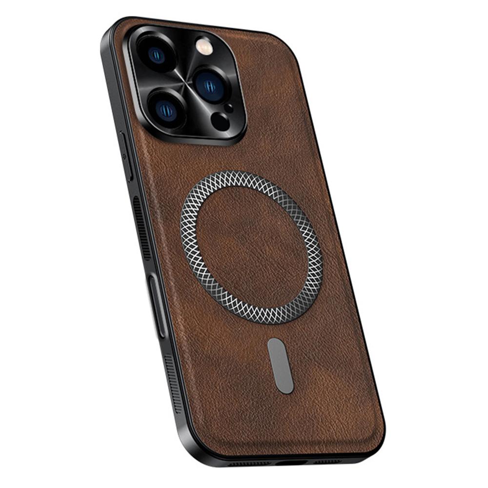 For iPhone 16 Pro Max Case Compatible with MagSafe PU TPU PC Phone Back Cover with Metal Lens Frame