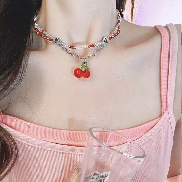Colored Candy Beaded Necklace Girl Sweet Girl Pink Star Love Pendant Collarbone Chain