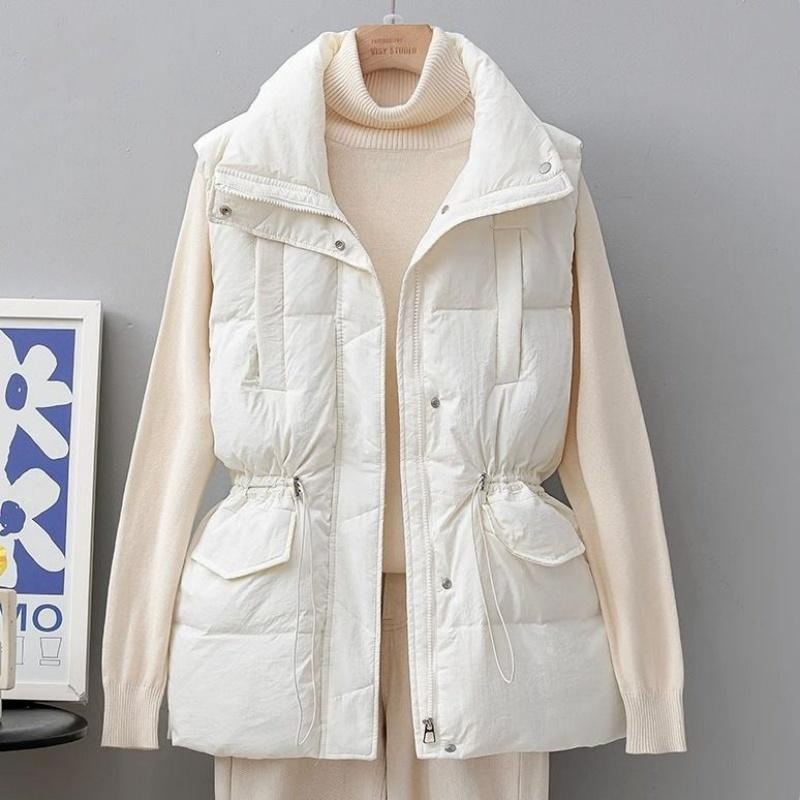 Autumn and Winter Mid-length Down Cotton Vest, Drawstring Waist, Thin Waistcoat Women S грязно-белый