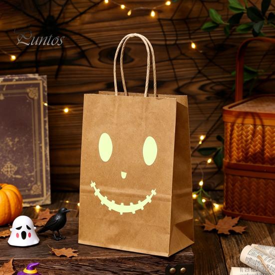Decorative Party Supplies Halloween Candy Bags with Luminous Pumpkin Ghost Prints, Thickened Reusable Paper Treat Container Gift Bags, Trick or Favors