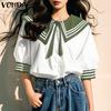 VONDA Women Naval Collar Bow Knot Short Sleeve Striped Buttons Up Blouse College Style