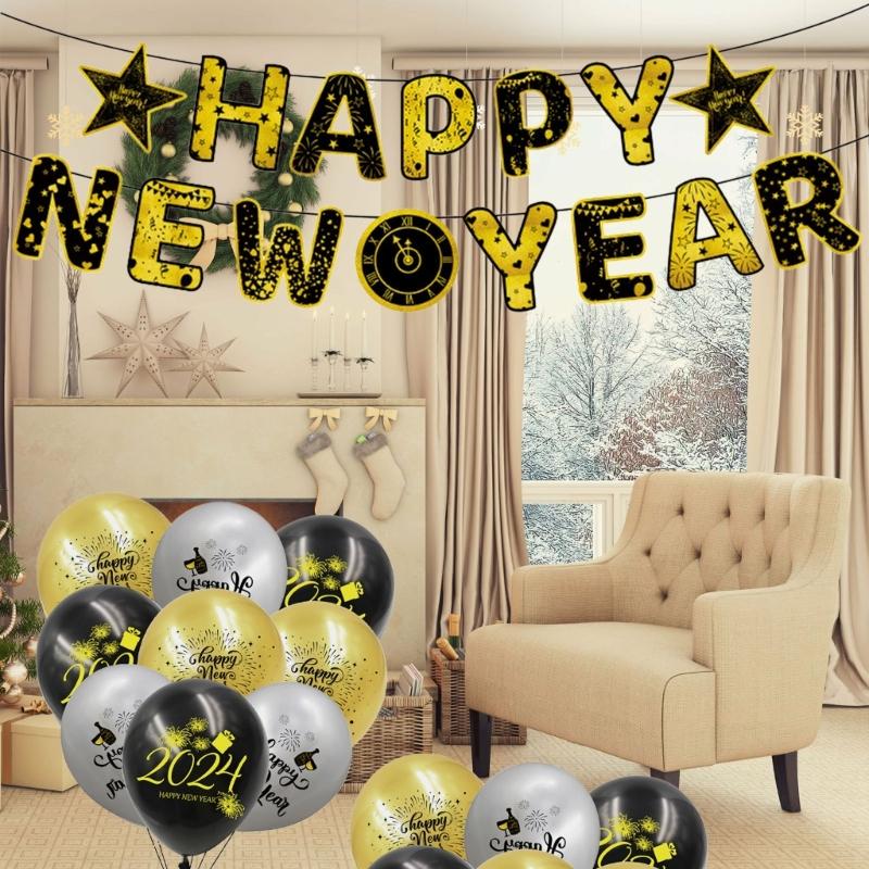 Black Gold New Year Party Decoration Happy New Year Banners Decoration Happy New Year Balloons for New Year Celebrations