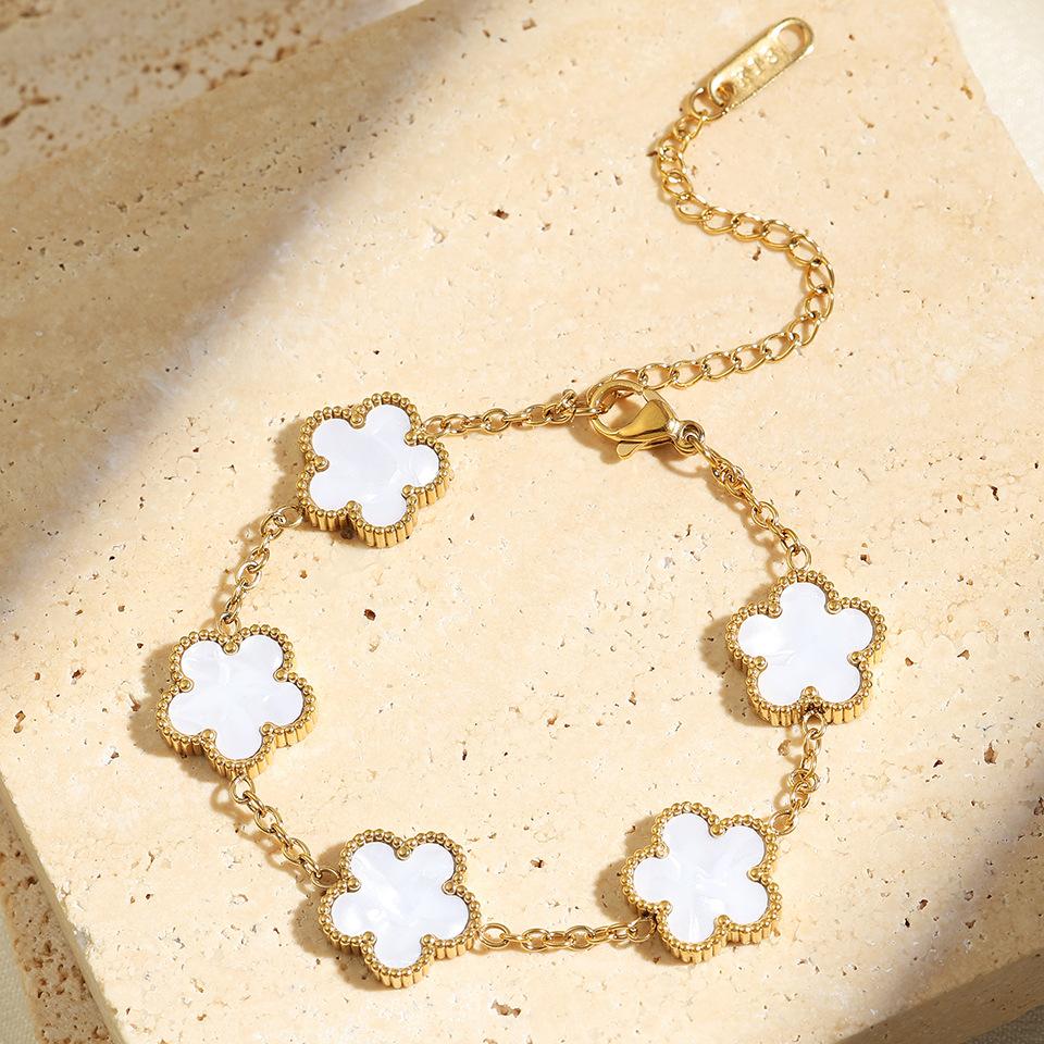 Htpwe Stainless Steel Solid Color Flower Four-leaf Clover Bracelet Women 18k Gold Couple Holiday Gift Bracelet Party Zircon