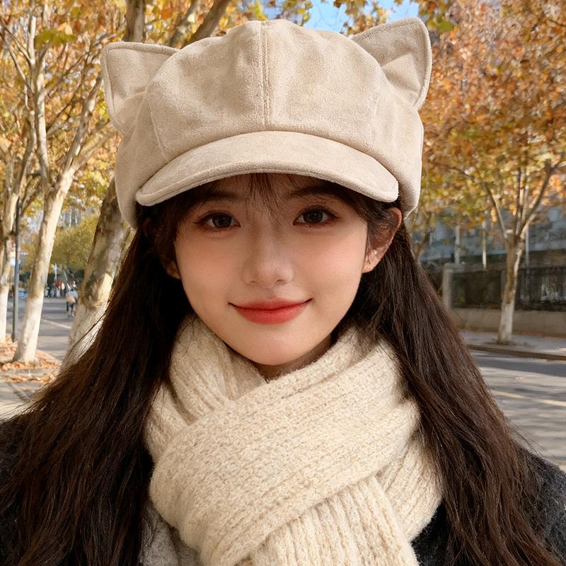Autumn and Winter Suede Cat Ear Beret Women's Retro Face Showing Small Octagonal Hat Casual Versatile Trendy Painter Hat