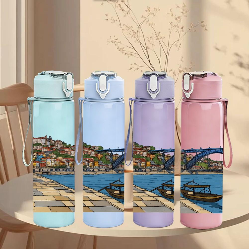 1PC Old Bridge River City Scene Print 750ml Color Plastic Sports Water Bottle Leakproof Flip Straw Lid Suitable for Sports Office Home Use