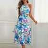 Women's Sleeveless Neck Halter Vacation Printed Bow Dress
