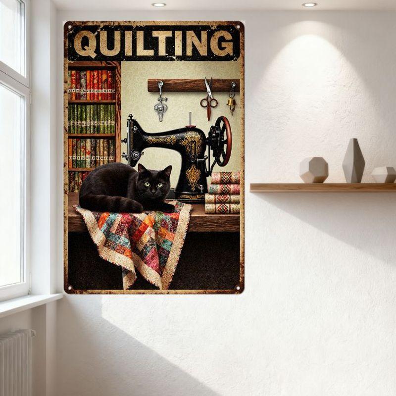 Vintage Quilting Tin Sign - Black Cat on Patchwork Quilt, Sewing Machine & Colorful Fabrics Retro Metal Wall Decor for Craft Roo