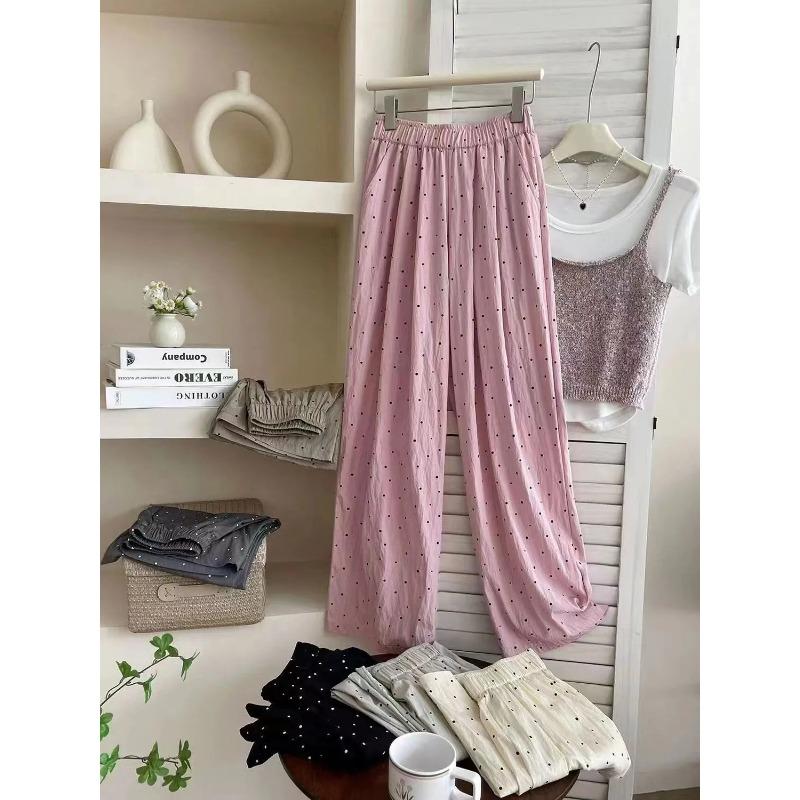 Women s Polka Dot Quick-Dry Wide Leg Pants, Elastic Waist Casual Trousers With Pockets S розовый