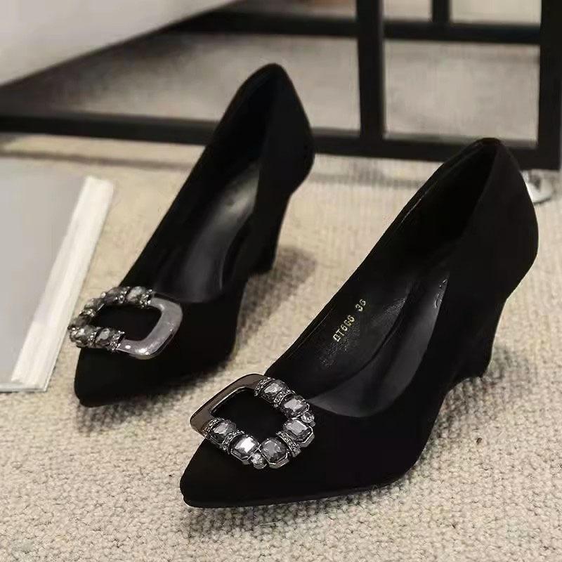Slope Heel Fashion Shoes Women Spring New Water Diamond Pointed Shallow Mouth Soft Sexy High Heels Women Black Retro Footwear 43