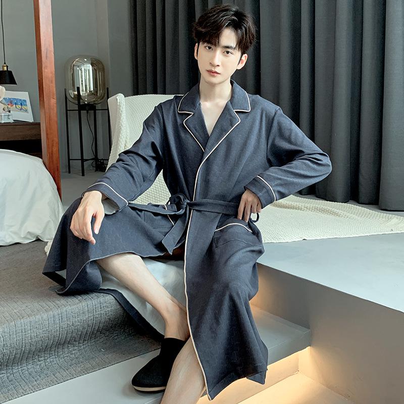 Men's 2025 Spring/Autumn Pure Cotton Long Sleeve Mid-Length Bathrobe