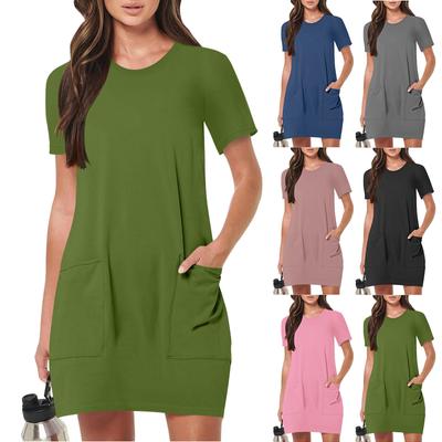 Modisches, einfarbiges, kurzärmliges, rundhalsförmiges, lässiges, sportliches Kurzkleid für Damen mit Taschen