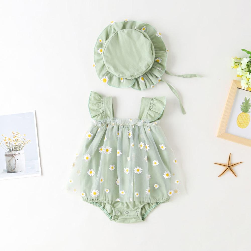 Mesh Flower Baby Princess Dress with Hat Loose Toddle Jumpsuits Baby Climbing Suit  Birthday Gift