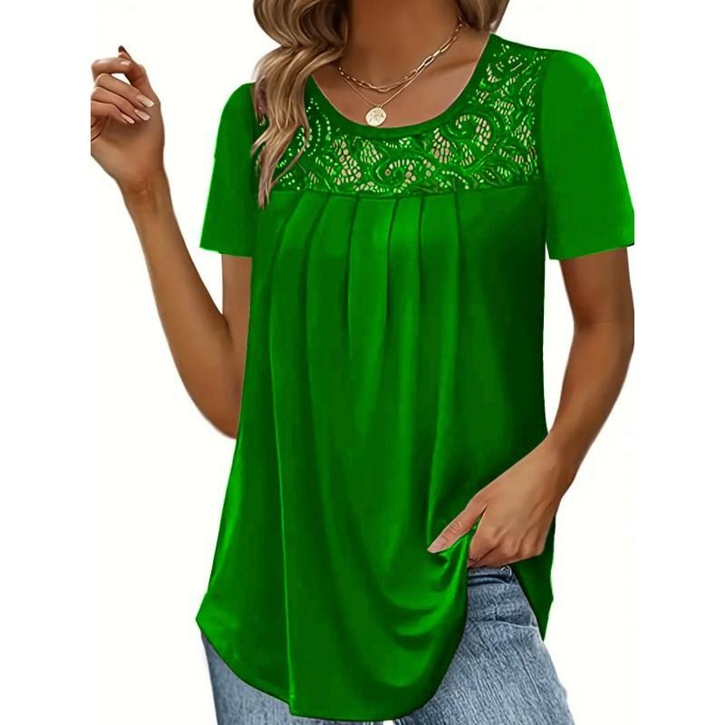 

Женский летний топ с кружевным воротником, с короткими рукавами, однотонная футболка XL зелёный