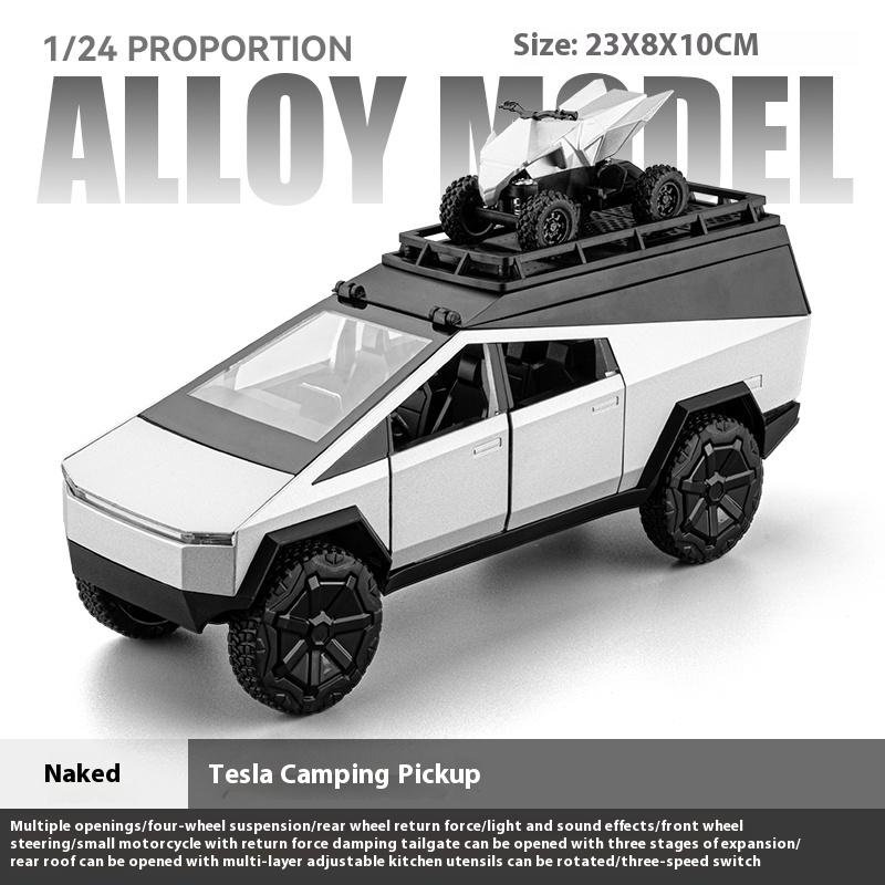 Tesla Cybertruck Camping Pickup mit Motorrad, SUV, Offroad-Modellauto aus Metall im Maßstab 1:24, Sammlerstück, Spielzeug für Kinder
