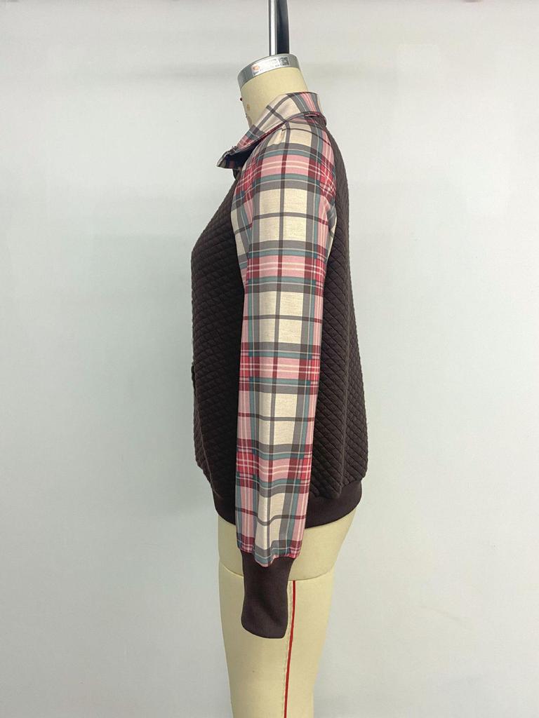 100% Clothing TEMU2026 Retro Plaid Patchwork Half Zip Stand Collar Hoodie