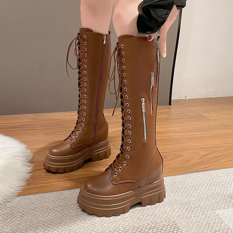 Módní podzimní a zimní nové zeštíhlující boty na vysokém podpatku dámské nad koleno pásky střední podpatek silný podpatek dámské boty