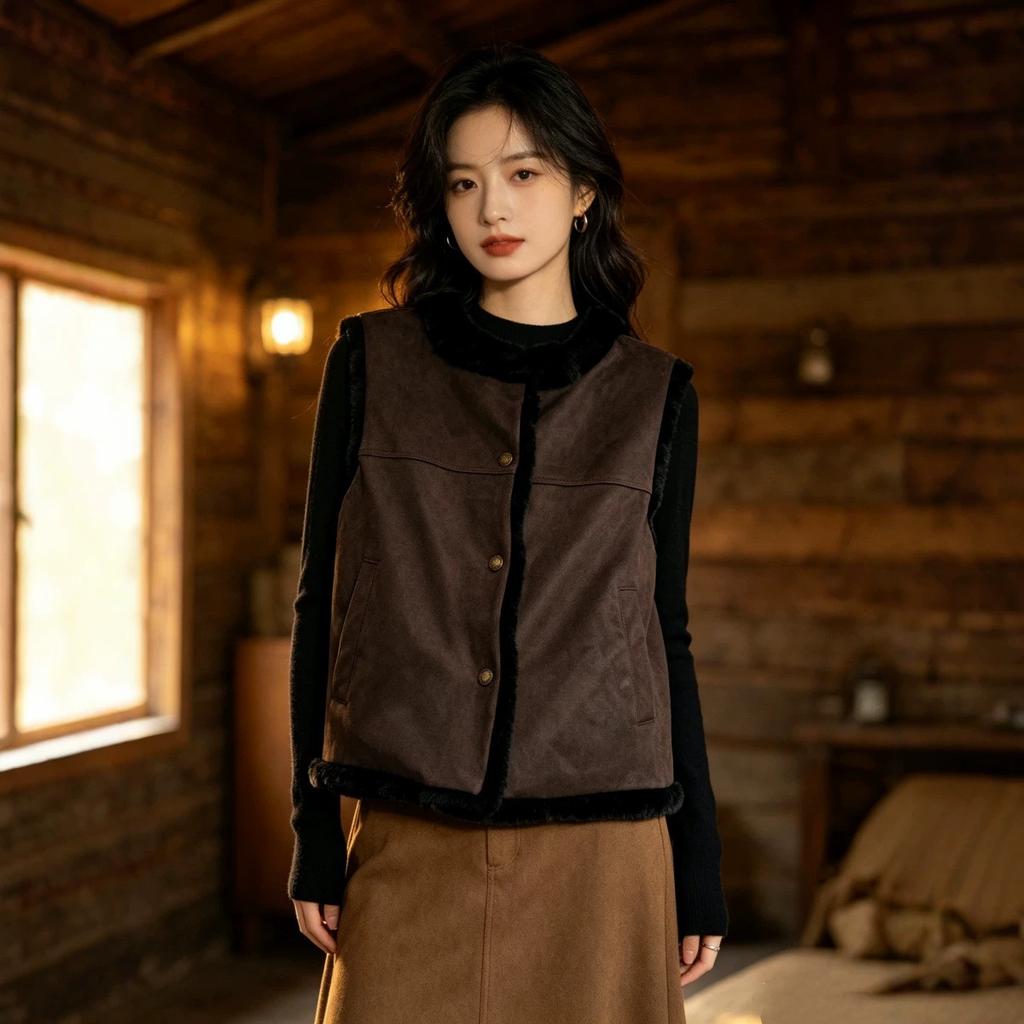 Vintage Suede Spliced Rex Rabbit Fur Vest, Double-sided Can Wear Thickened Fur Vest for Women