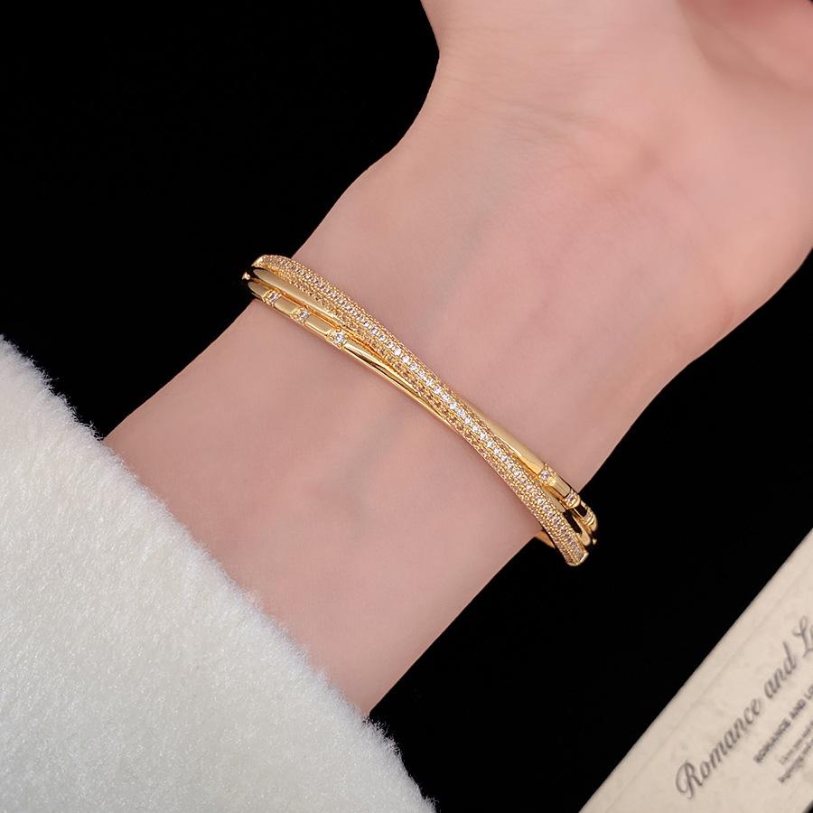 18K Gold Plated Zirconia Cross Open Bangle - Elegant Bracelet for Women