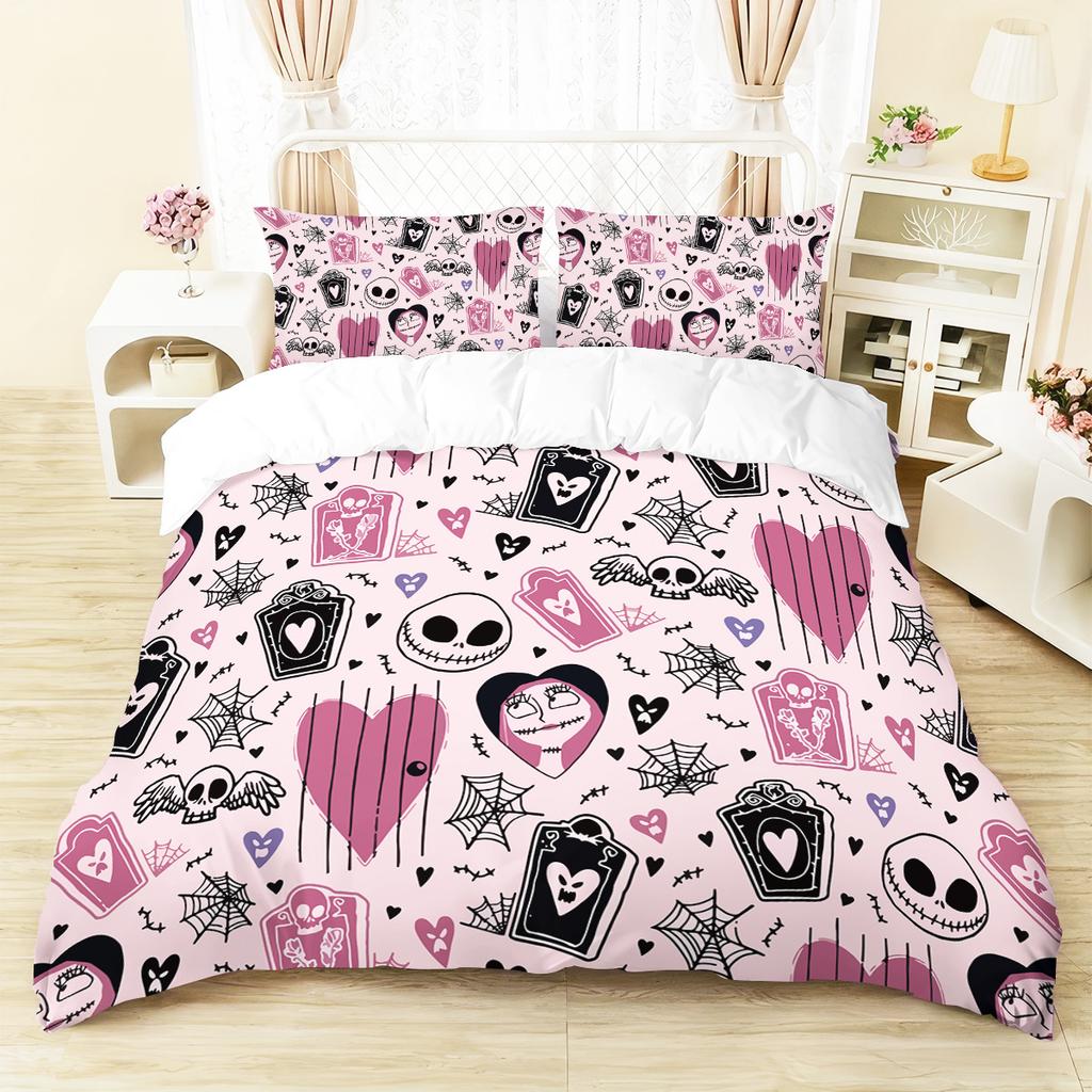 3-piece Halloween themed pink cute skull and heart-shaped pattern duvet cover set 1 duvet cover+2 pillowcases coreless