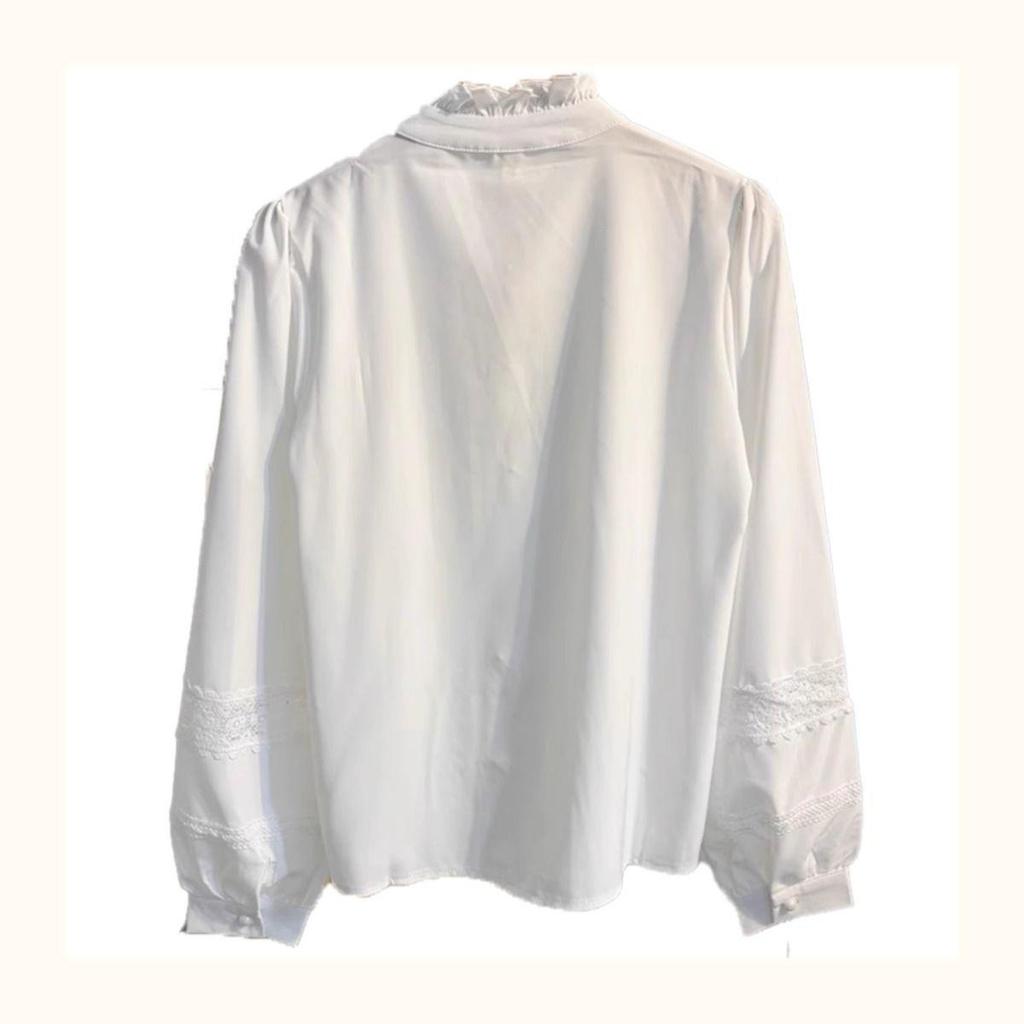 Women's White Lace Patchwork Stand-Up Collar Lantern Sleeve Blouse - Stylish Autumn 2025 Inner Wear