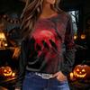 Women's Halloween Print Long Sleeve Round Neck Top with Hem Slit