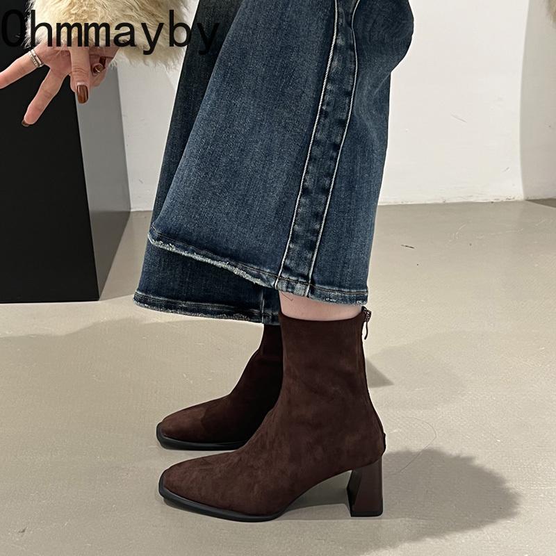 Vintage Thick Heel Square Toe Women Ankle Boots Ladies Elegant Mordern Short Botas Autumn Winter  De Mujer