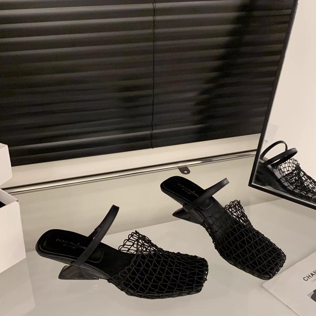 2025 summer French woven mesh hollow bag head half slippers women's shoes wear wedge heels high heels Roman sandals