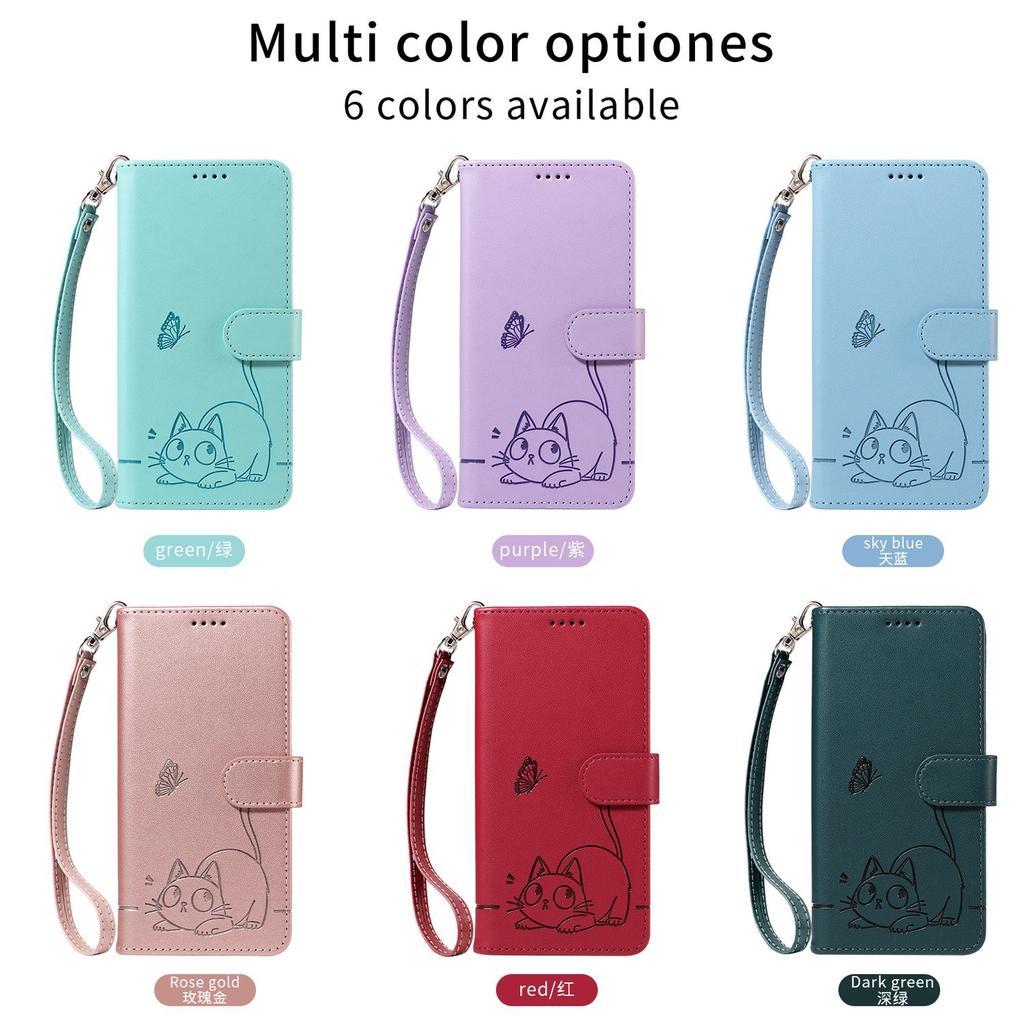 Leather Wallet Flip Case For OPPO A57S A77 A15 A15S A16 A16S A54S A17 A96 4G 5G Cat and Butterfly Embossed,Wrist Strap