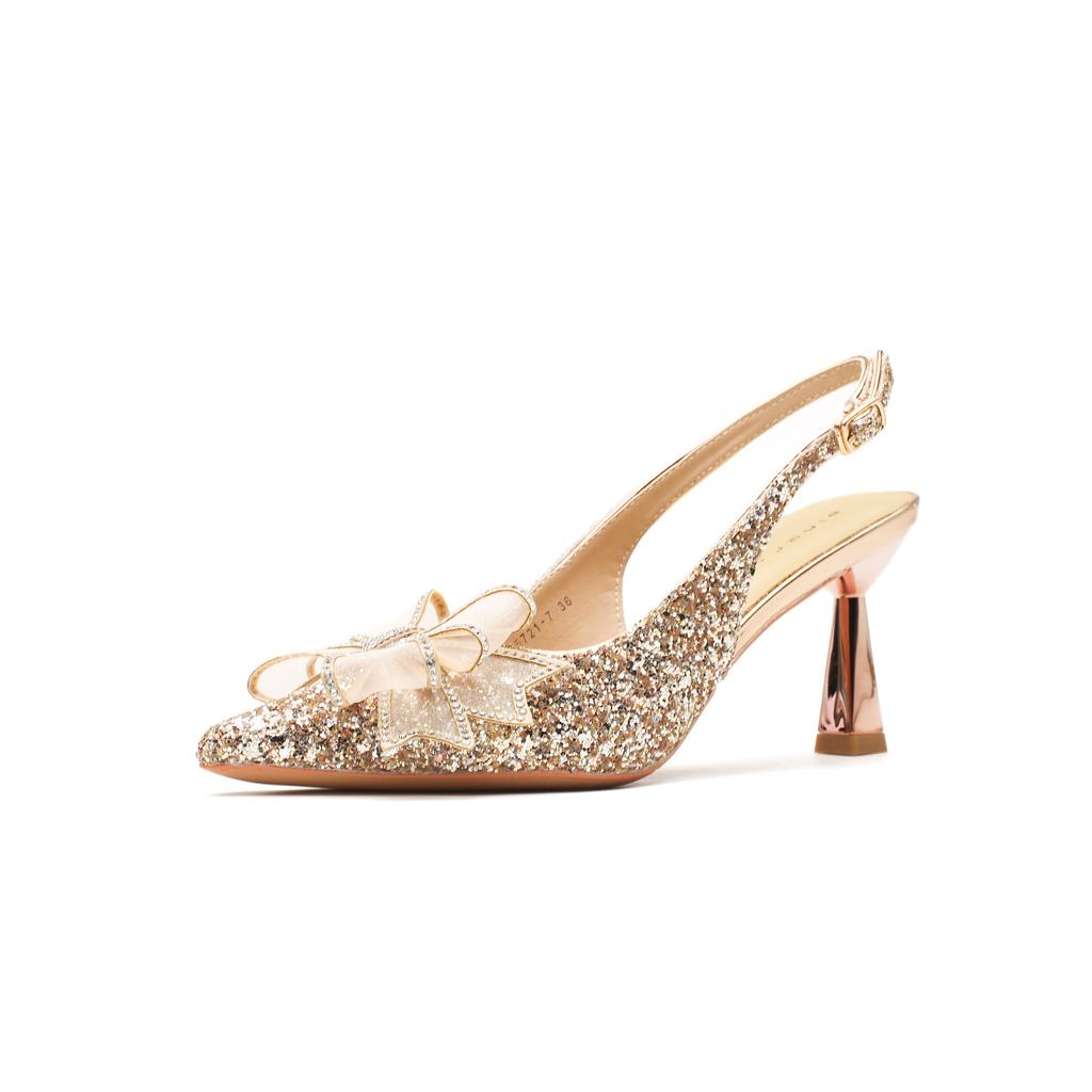 7521-1 [sheepskin] High-heeled Wedding Shoes Women's Thin Heels 2025 New Rear Empty Sandals Pointed Bow Single Shoes