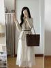 **Korean Autumn Casual Knitted Sweater & Mesh Midi Skirt Set In Tea Color**