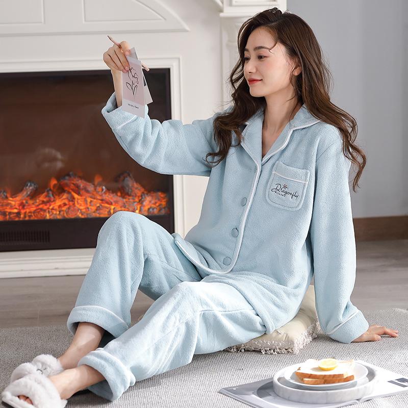 Pajamas Women'S Autumn And Winter Coral Fleece Thickened And Fleece Can Be Worn Outside Loungewear Flannel Warm Suit