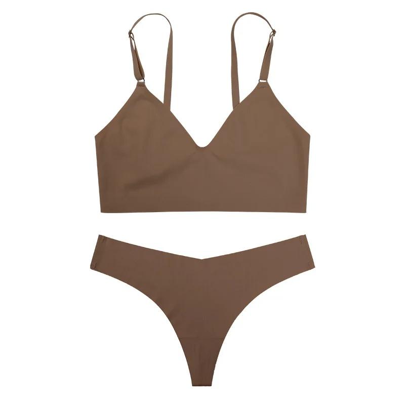 

TERMEZY женский бесшовный комплект с бюстгальтером сексуальные стринги с низкой талией без косточек бюстгальтер без косточек нижнее белье бюстгальтер ледяной шелк женский комплект нижнего белья XL