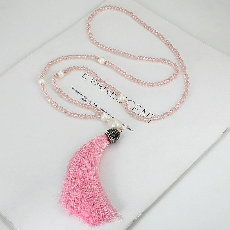 

Fashion Tassel Long Necklace For Women Crystal Beads Baroque Pearl Vintage Necklaces Handmade White Blue Red Fringe Necklace рожевий