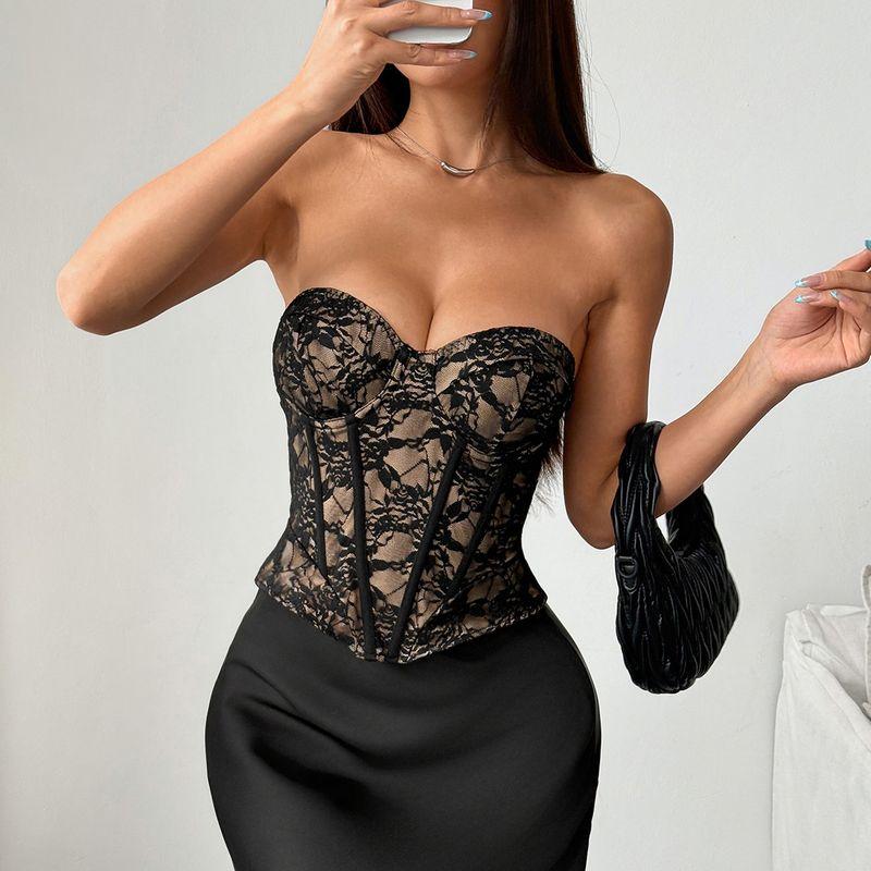 

New Arrival Temptation Adult Lady like Woman Sexy Lace Niche Design Tube Top Fitted Waist Backless Ins Tops Black(Tube Top) L