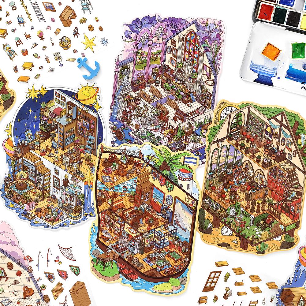 3D Little Corner Van Gogh Studio Landscape Sticker DIY  Pocket Cabin  Scene Halloween Children's Toys Gifts