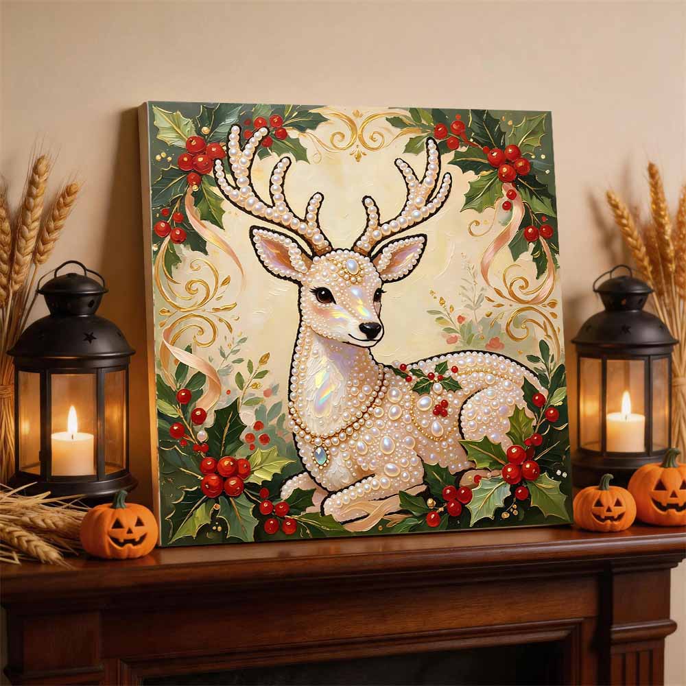 DIY Mini Framed Pearl Bead Art Kit Christmas Reindeer Design Sparkling Canvas Painting Relaxing Craft for Adults Holiday Home Decor Gift