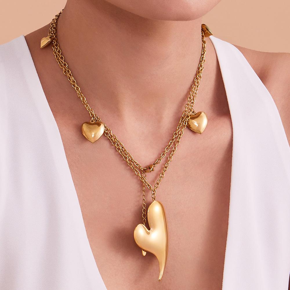 Qiong Yao 18K Gold Plated Double Layer Peach Heart Sweater Chain Necklace