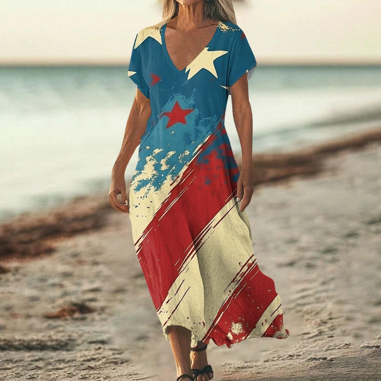 

Летнее платье Женское Длинное пляжное платье Элегантное платье V-образный вырез Короткий рукав Летнее платье Легкое Воздушное L синий