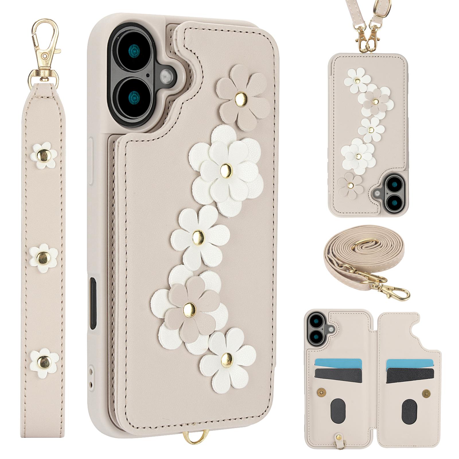 

SY-001 For iPhone 16 Case Card Slots Leather Coated TPU Flower Phone Cover Beige