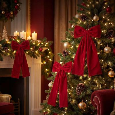 Christmas Velvet Bow Ornament S/M/L Vintage Red Lint-Free Hanging Decor for Xmas Tree Holiday Party Home Decor