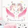Pink Wall Sticker for Bedroom Girls, Unicorn Feather Princess Flowers Decal, Nursery Removable Wallpaper