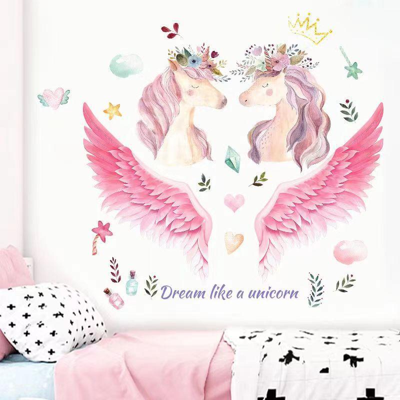 Pink Wall Sticker for Bedroom Girls, Unicorn Feather Princess Flowers Decal, Nursery Removable Wallpaper