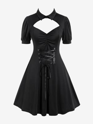 Rosegal Plus Size Cutout Lace Up Ruched Shirted Collar A Line Dress