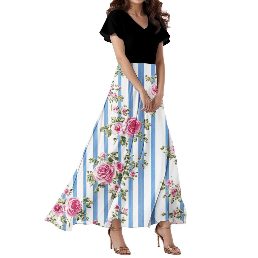 Women's Loose Casual  V-Neck Short Sleeved High Waisted Floral Print Dress Floral Print Dress