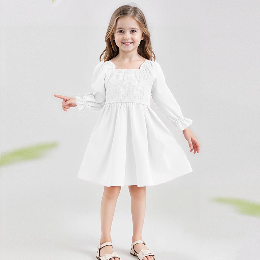 Girls' Fashion Cute Solid Color Square Neck Sleeve Ruffled High-Waisted Lace-Trimmed Full-Skirt Dress
