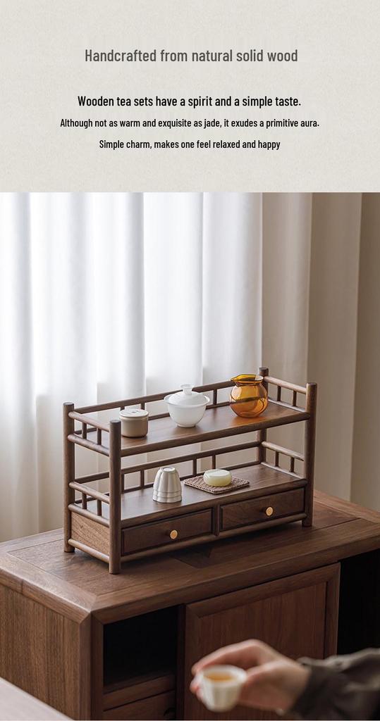 Guanlan Walnut Wood Tea Table with Double Drawer and Display Shelves for Tea Pot and Cup Storage