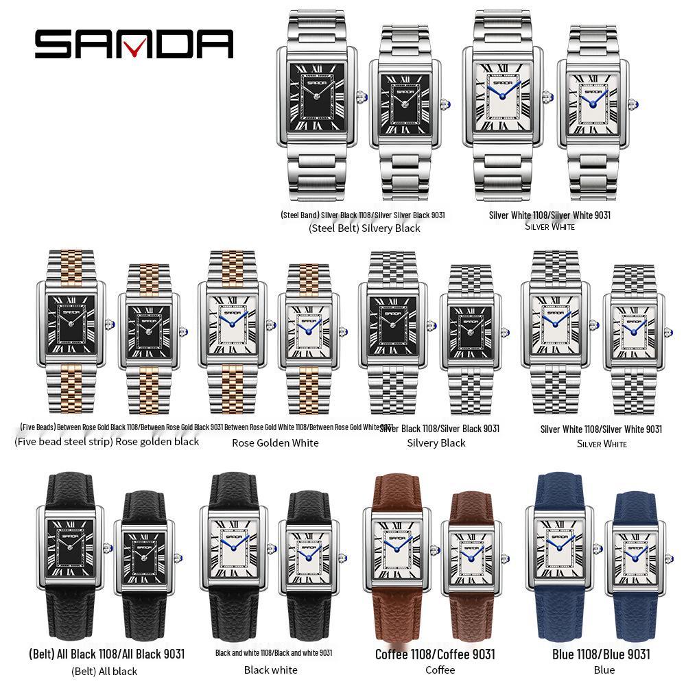 Montre à Quartz pour Femme Sanda, Petit Cadran, Chiffres Romains, Mode Étanche Rectangulaire, Design Couple.