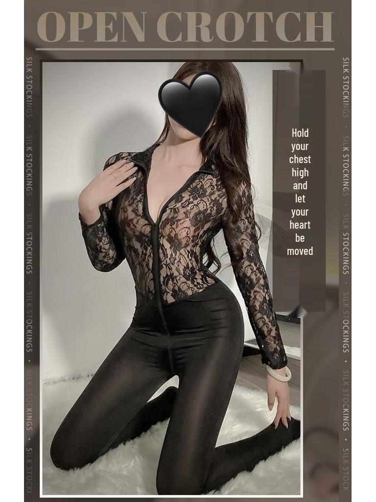 Yi Jin Women's Lace See-Through Bodycon Lingerie with Double-Headed Zipper and Open Crotch