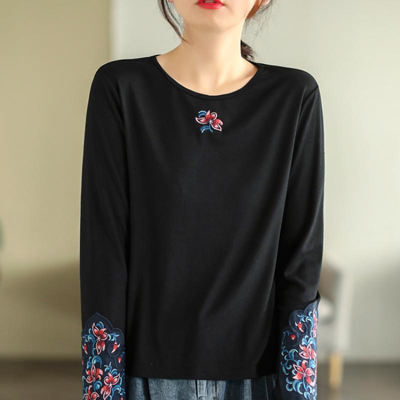 Pure Cotton Ethnic Style Embroidered Long-sleeved T-shirt for Women Autumn New Round Neck Pullover Bottoming Shirt